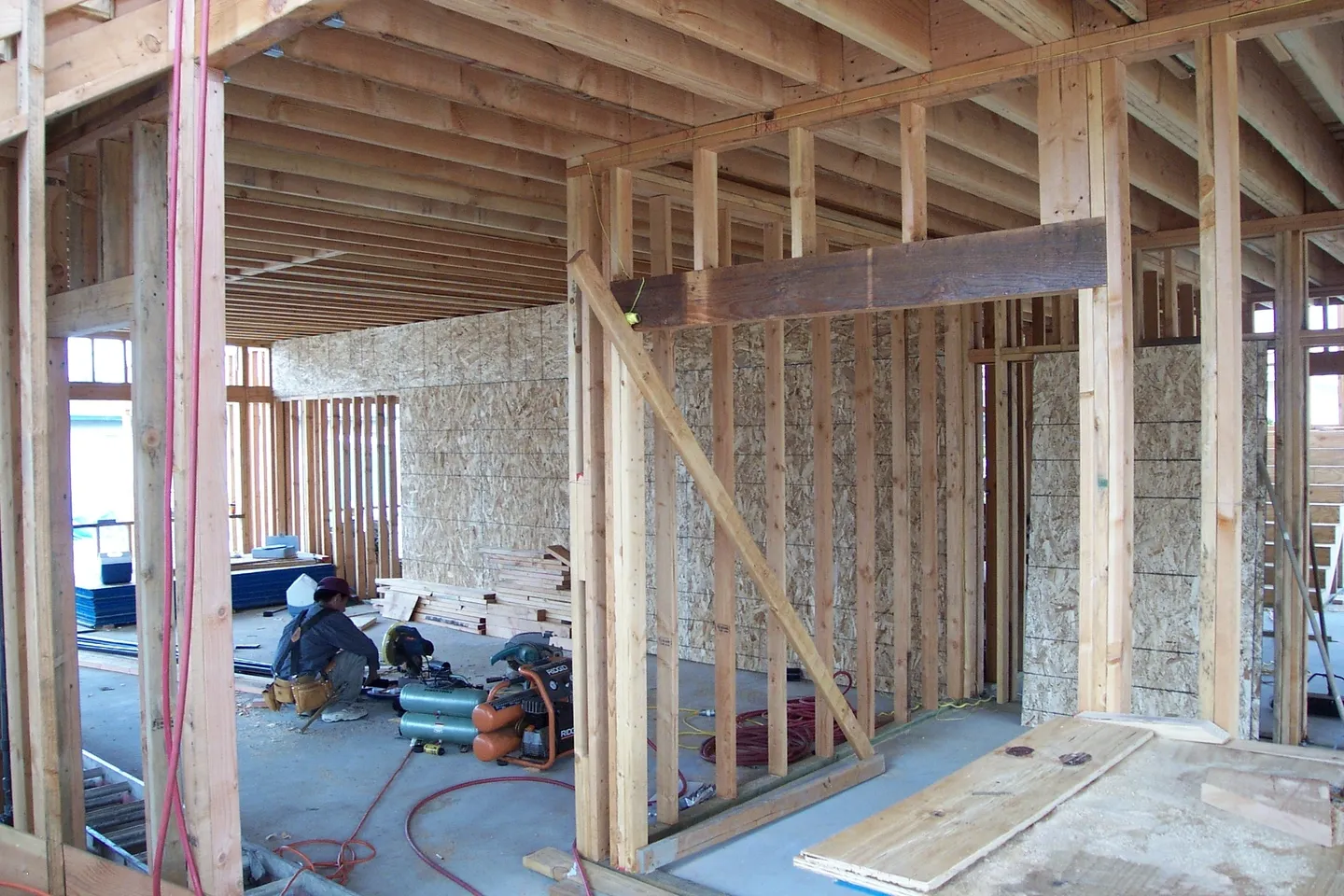 A room being built with wood and concrete